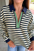 Striped Contrast Collar Quarter Zip Polo Long Sleeve Top